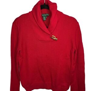 Lauren By Ralph Lauren Red Shawl Collar Sweater Size L Large Gold Loop Horn